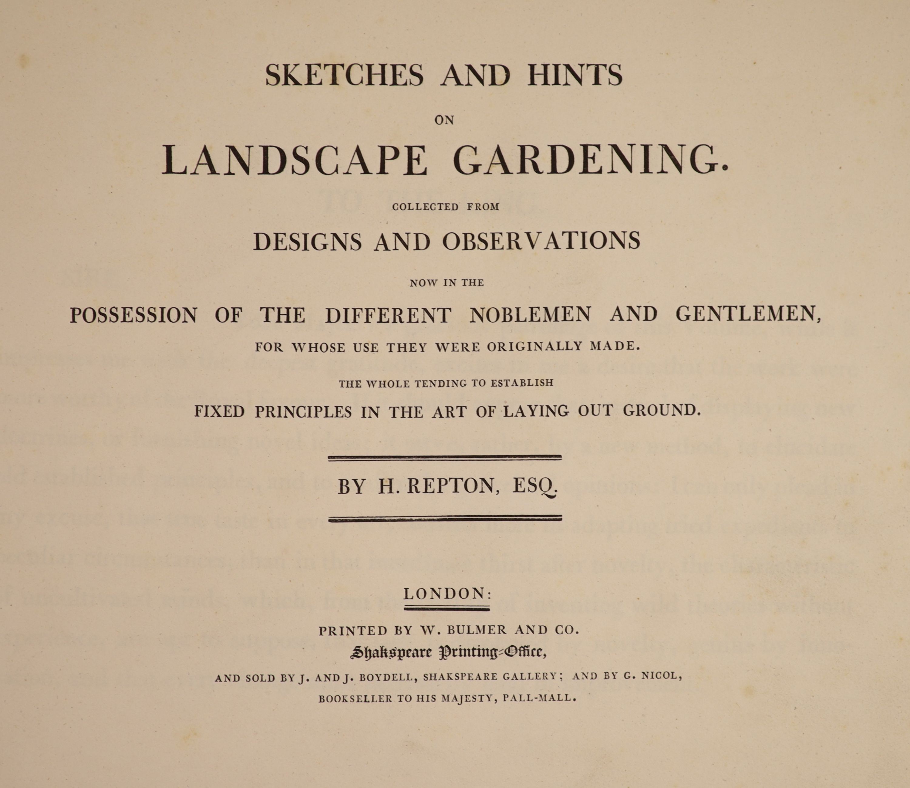 Repton, Humphry - Sketches and Hints on Landscape Gardening, oblong folio, calf gilt, with 10 hand-coloured plates with overslips, and 6 uncoloured plates, 4 with overslips, London, [1794]